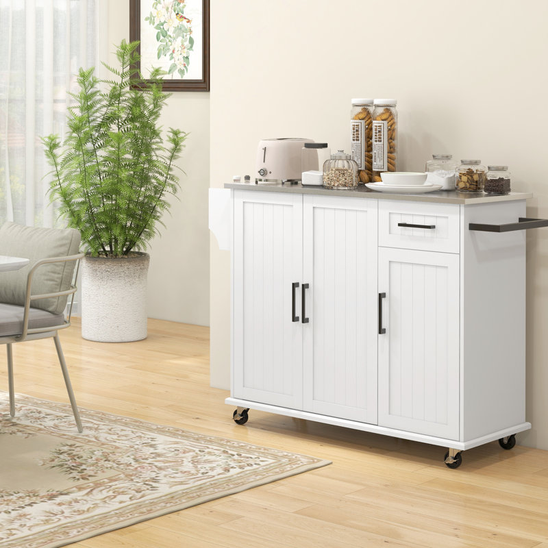 Îlot de cuisine roulant blanc, comptoir spacieux, 3 armoires, tiroir, porte-épices, porte-serviettes pour un rangement efficace avec tablettes en acier inoxydable, rangement