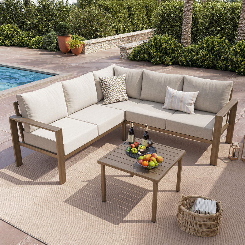 5-Person Metal Outdoor Sectional Sofa Set, Beige, Brown Wood-Grain Metal Frame