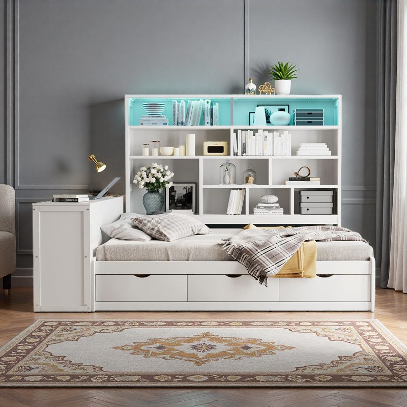 Lit de jour double en bois avec trois tiroirs, bureau, tablettes et lumières, Blanc