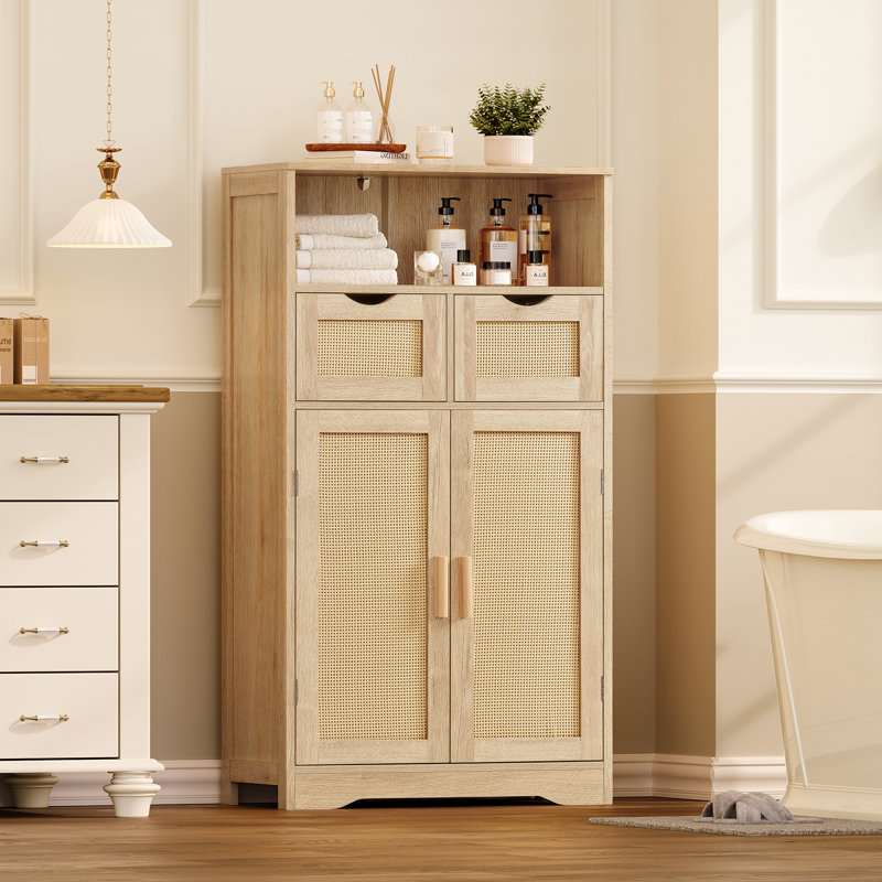 Grande armoire de rangement Millwood Pines, armoire de salle de bain avec 2 tiroirs réglables et 2 tablettes, Naturel