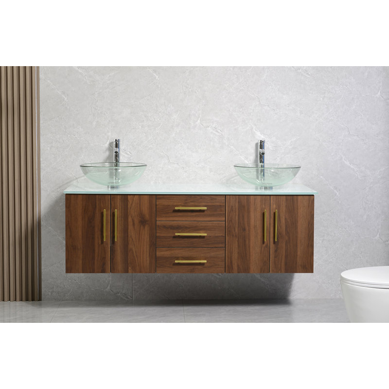 Ensemble de meuble-lavabo mural double, Brun