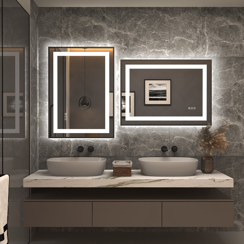 Matte Black LED Lighted Anti-Fog Vanity Mirror with Tempered Glass, 28" x 20"