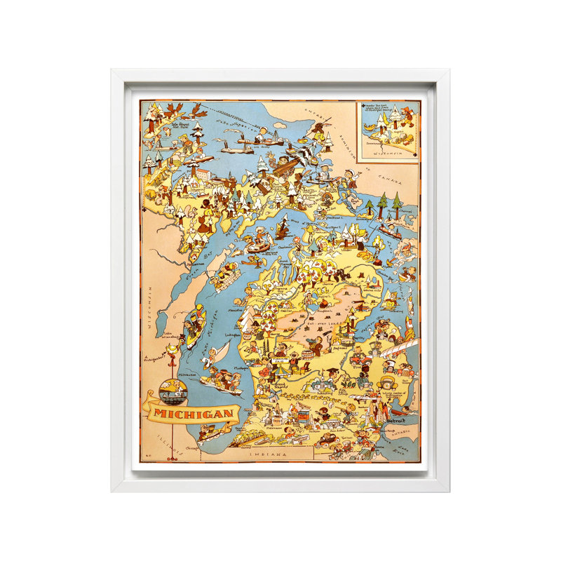 Carte illustrée du Michigan n ° 1, Canevas, Encadrement blanc, H 08 po x l 10 po