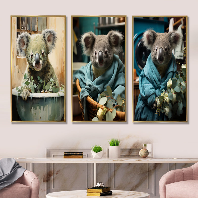 Koalas Laundry Time - Ensemble de 3 reproductions d'art sur toile, Cadre flottant doré, H 40 po x l 60 po