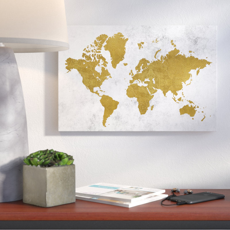 Golden World Map - Graphic Art Print on Canvas, 12" H x 18" W x 1.5" D