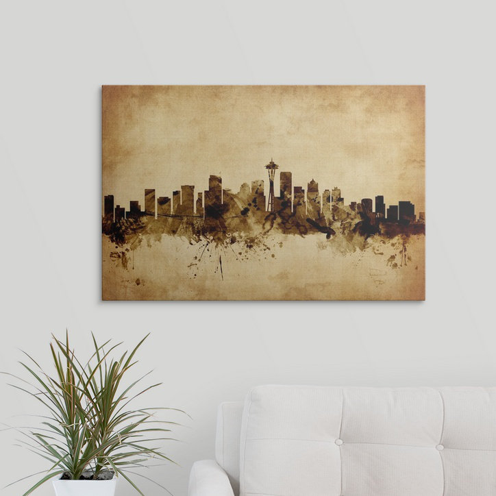 «Seattle Washington Skyline» par Francy, impression, Cadre noir, H 20 po x l 26 po x P 1 po