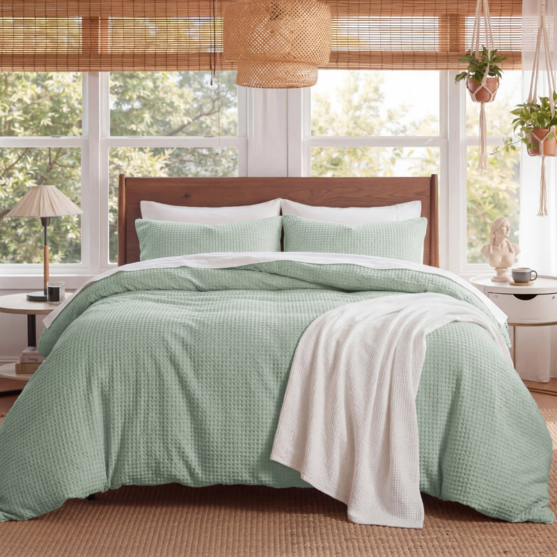 Essential Collection 100% Cotton Waffle Weave Duvet Cover Set, Queen Duvet Cover + 2 Standard Shams, Sage Green