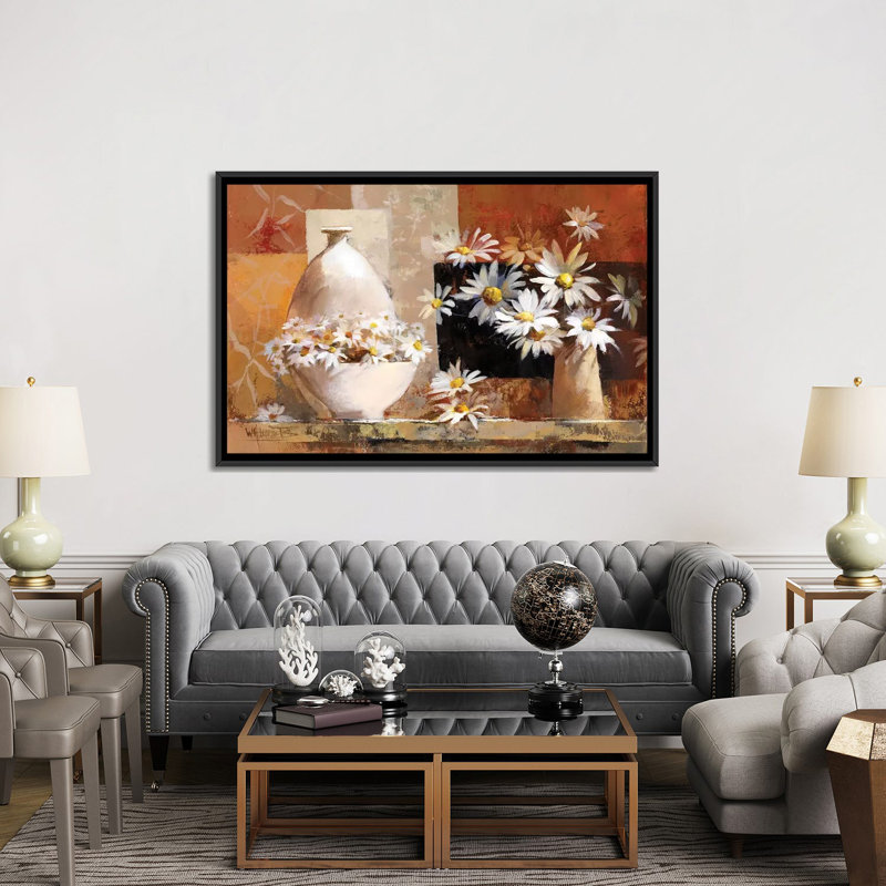 « rétro fleurs ii », impression sur toile, H 18 po x l 26 po x P 1,5 po, Toile avec cadre noir, Pas de tapis