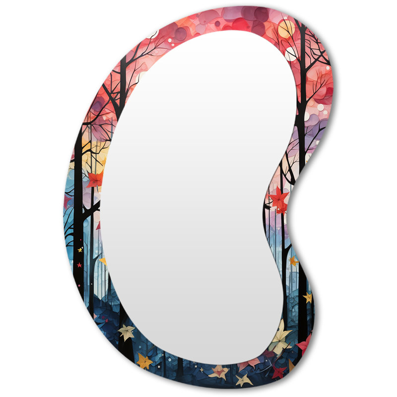Erique Pink Enchanted floral Botanicals with Eastern blueBird - Floral Bird Asymmetrical Decorative Mirror, Pink Unique Shape Wall Mirror, Printed Metal Art