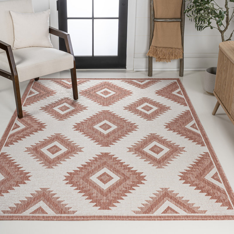 Kyona Geometric Moroccan Diamond Salmon/Cream Indoor/Outdoor Rug, Rectangle 2'11" x 4'11"