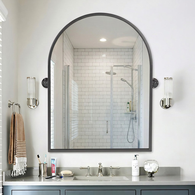 Arched Metal Framed Pivot Wall Mirror Bathroom Mirror Dresser Mirror, 91×61 cm/80×60 cm, 91cm x 61cm, Black