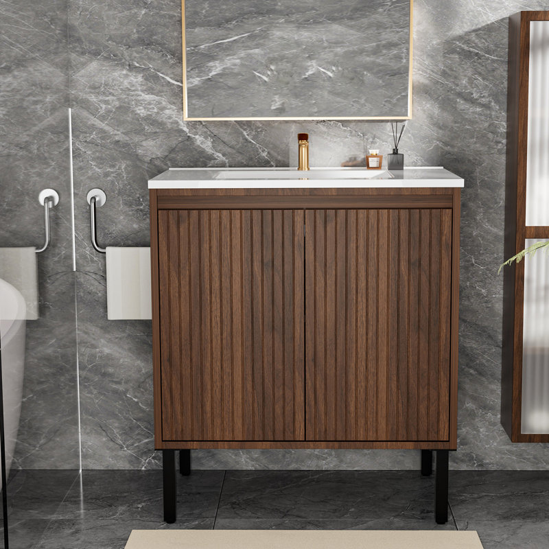 Meuble-lavabo de 36 po avec lavabo, structure autoportante pour une stabilité au sol, fermeture silencieuse pour un fonctionnement silencieux, finition en chêne élégant pour une esthétique moderne (lavabo blanc)