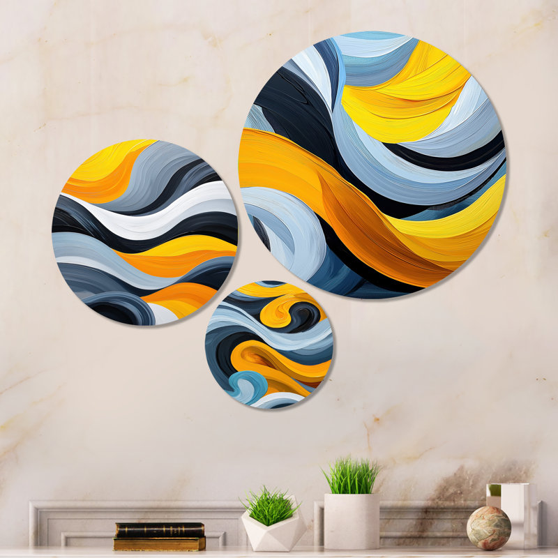 «Blue and Yellow Ocean Steam Lines I», impression d'art mural gris minimaliste 3 pièces