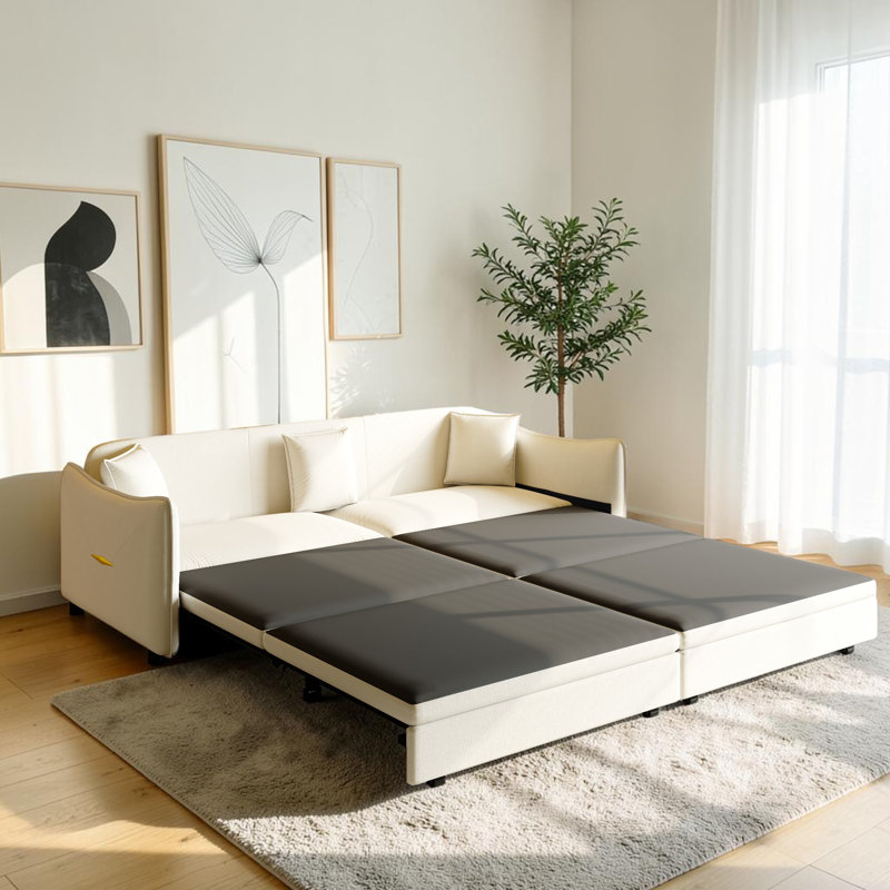 Canapé-lit très grand escamotable Seybert, Beige / Blanc