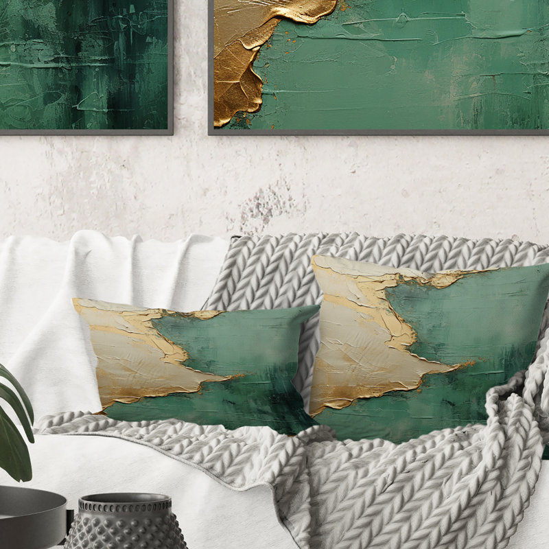 «Gold and Green Paint Fusion II» - Coussin décoratif avec peinture abstraite, 16" x 16"