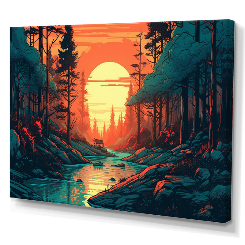 Magnifique soleil couchant sur des arbres III, reproduction d'art sur toile, H 12 po x l 20 po x P 1 po, Toile tendue