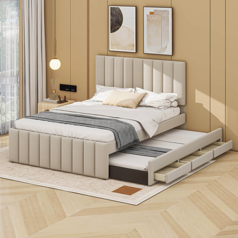 Full Size Upholstered Platform Bed With Twin Size Trundle And 3 Drawers, Beige