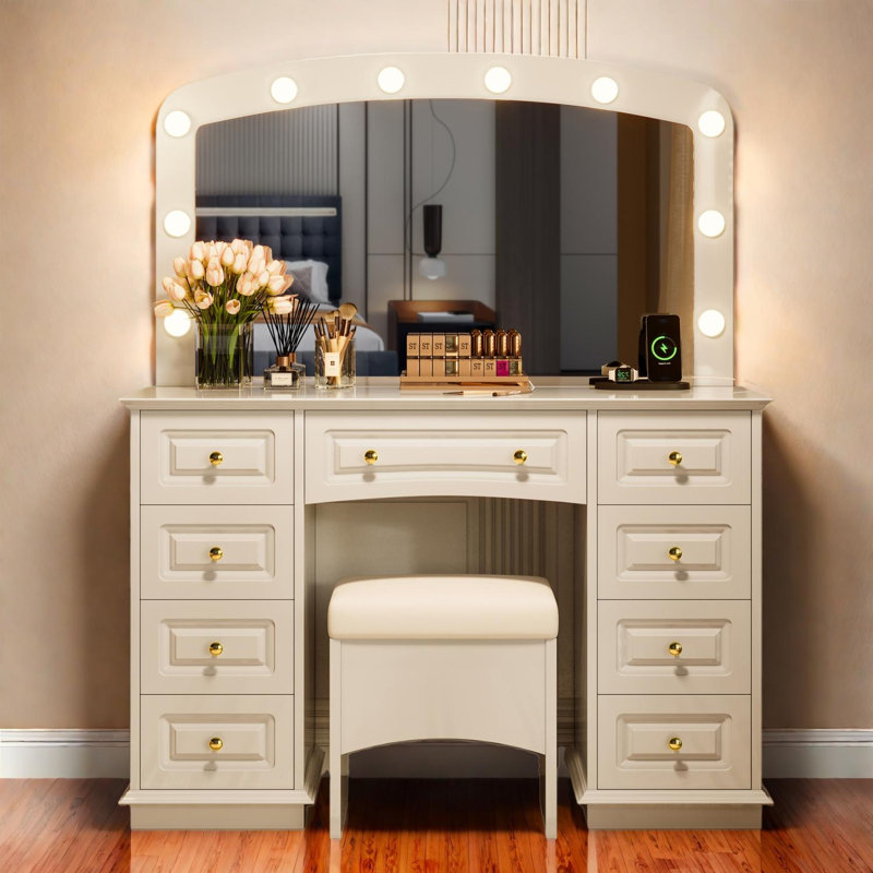 Bureau de maquillage avec 10 ampoules Hollywood, 3 modes d'éclairage, une station de charge, un tabouret et 9 tiroirs