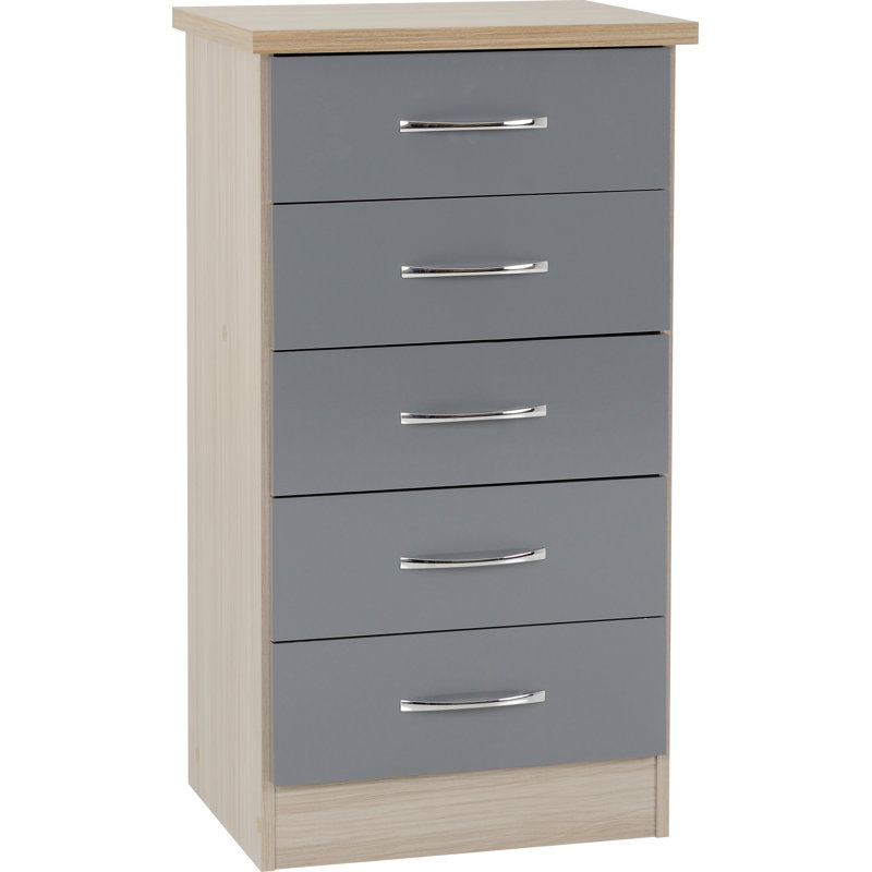 Nevada 5 Drawer Narrow Chest, Grey Gloss/Light Oak Effect Veneer