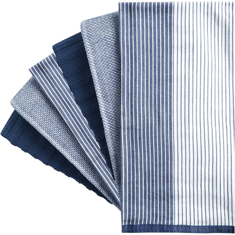 Premium Kitchen Towels (20”X 28”, 6 Pack) – Large Cotton Kitchen Hand Towels – Flat & Terry Towel – Highly Absorbent Tea Towels Set With Hanging Loop (Wide Stripe)