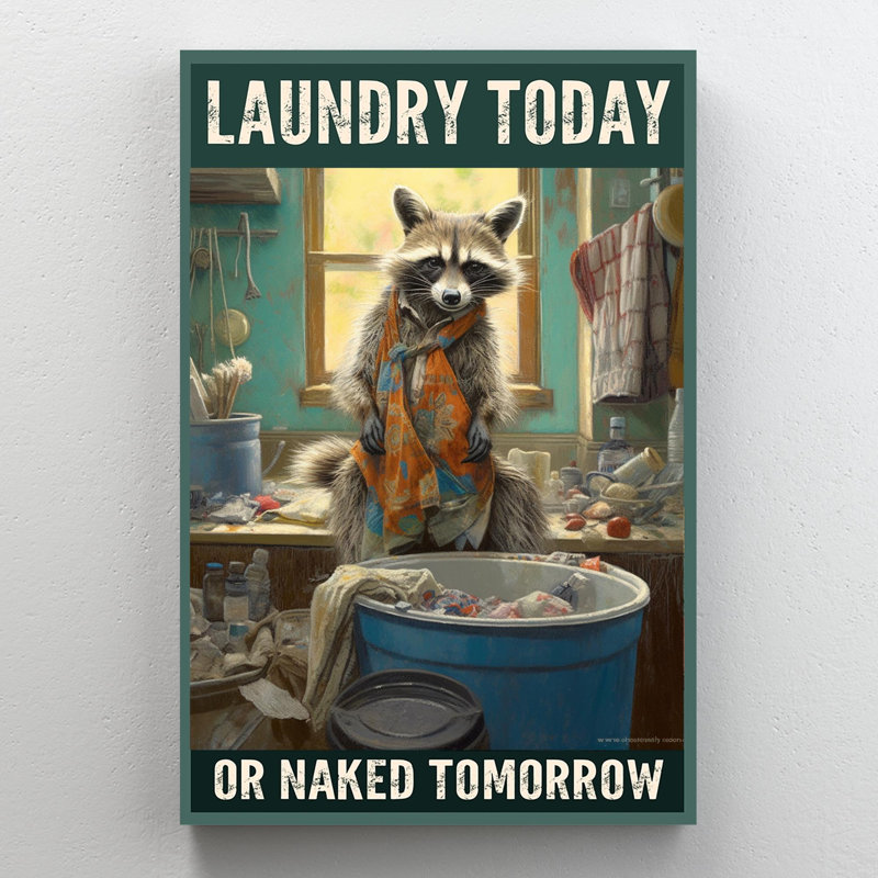 «Raccoon Laundry Today», reproduction d'art rectangulaire sur toile tendue, H 36 po x l 24 po x P 1,25 po