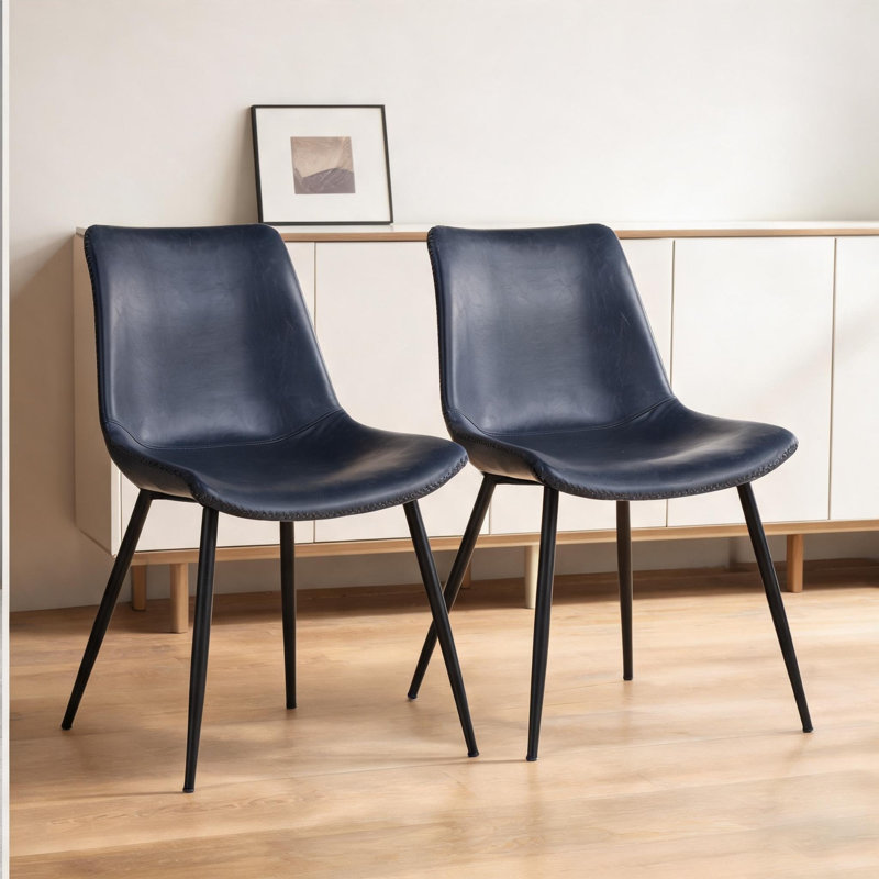 Ensemble de 2 chaises d'appoint industrielles, revêtement en similicuir bleu rétro, pieds fuselés en métal noir, l 21,75 po