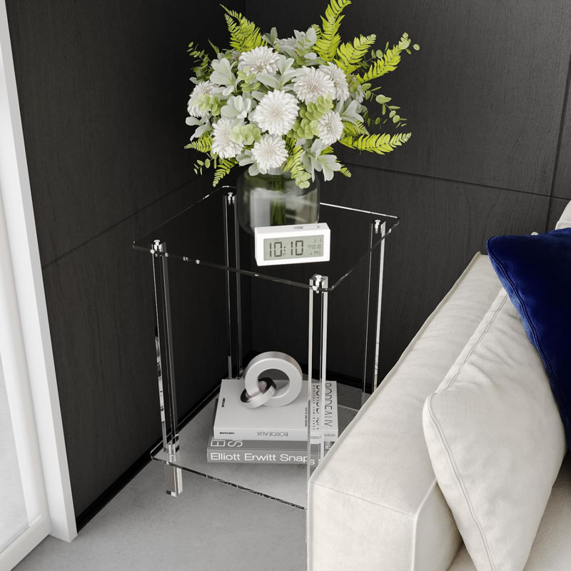 Modern Acrylic 2-Tier Side Table With Square Leg - Lightweight Clear End Table For Living Room, Bedroom, And Small Spaces