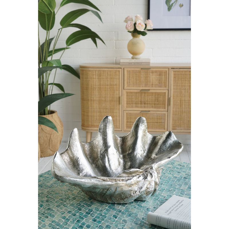 22.5X14x10" Decorative Shell Bowl, 10" H x 22.5" W x 14" D, Silver