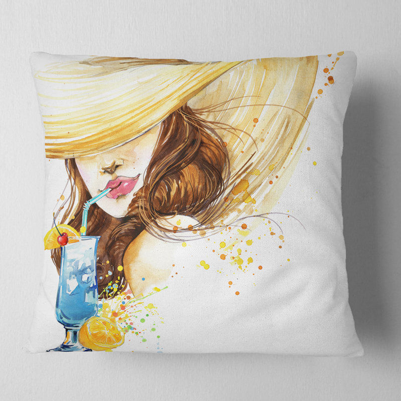 Femme avec cocktail de fruits - coussin imprimé abstrait, Carré, 18 po x 18 po