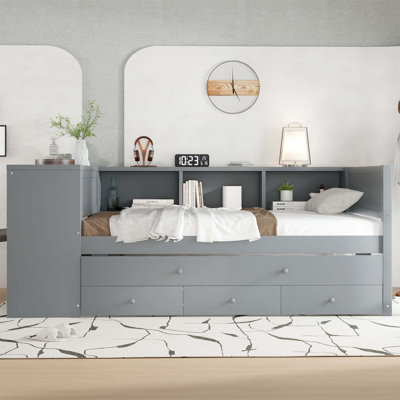 Twin Size Daybed with Trundle and Storage, Wood Frame with Drawers, Shelves, and Desk, No Spring Box Needed, Gray
