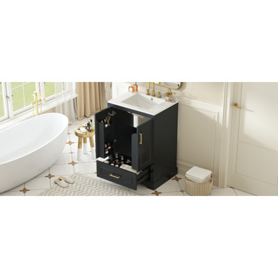 24"Bathroom Vanity With Sink, MDF Cabinet With Solid Wood Frame, 1 Divided Drawer And 2 Soft Close Doors With Dual Door Storage Racks, Freestanding Vanity