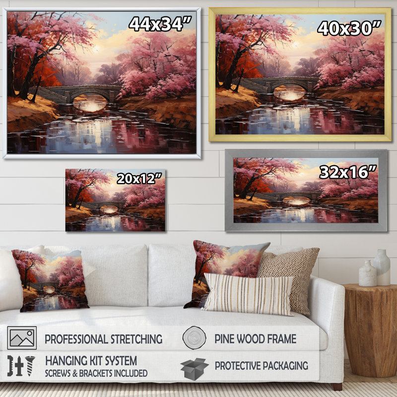 Asian Art Cherry Blossom Bidge " Asian Art Cherry Blossom Bidge " Mixed Media Print, 24" H x 32" W x 1" D, Wrapped Canvas