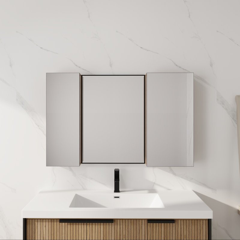 Armoire de salle de bain avec miroir 43,3 po avec combinaison de rangement, armoire à pharmacie murale avec porte miroir, tablettes réglables en verre