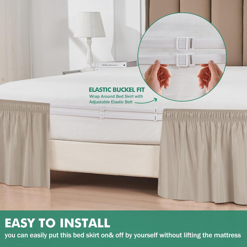Wrap Around Bed Skirts With Split Corners For Queen Beds 18" Drop, Light Camel Adjustable Elastic Dust Ruffles Easy Fit Wrinkle Resistant Silky Luxurious Fabric Machine Washable