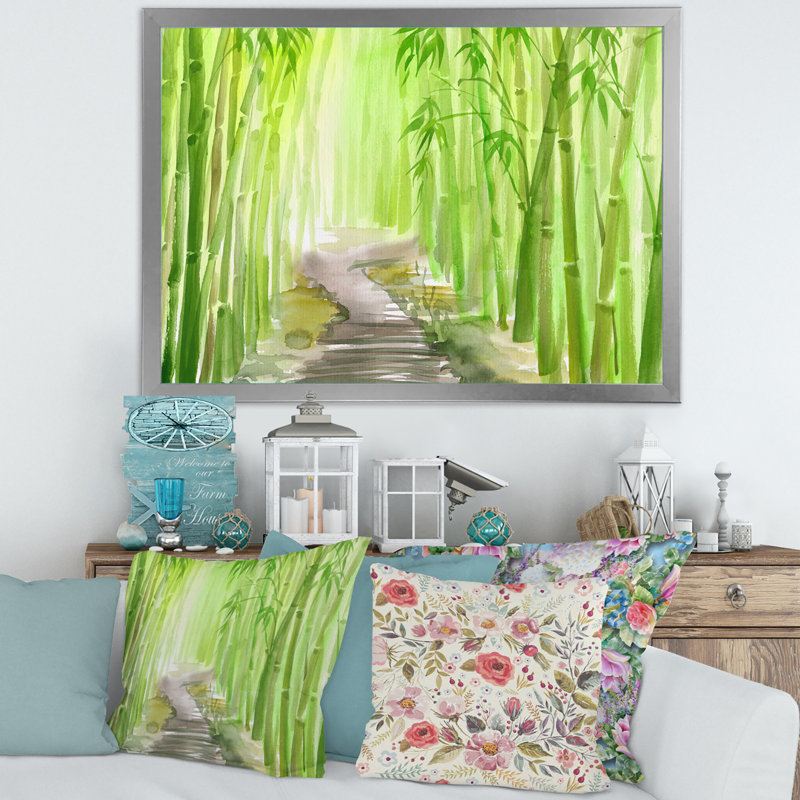 Vert forêt de bambou - reproduction sur toile, H 30 po x l 40 po x 1,5 po, Toile avec cadre argenté