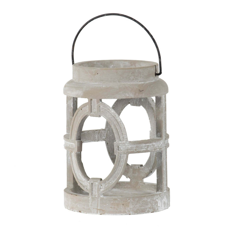 7.1X7.1X9.6" Gray Cement Lantern With Oval Cut-Out Design, Indoor Outdoor Garden Decor (Without Candle)