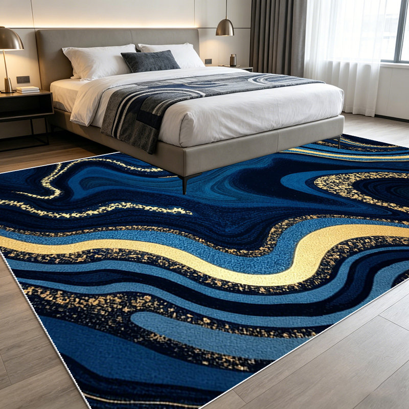 1PC navy blue gold glitter marbled fluid swirl area rugs for Living Room, Soft, All seasons, Easy-maintain, Washable Indoor mat, Farmhouse suitable for dining table, bedroom, entryway, kitchen, home office, balcony, Home Decor, Outdoor Decor.