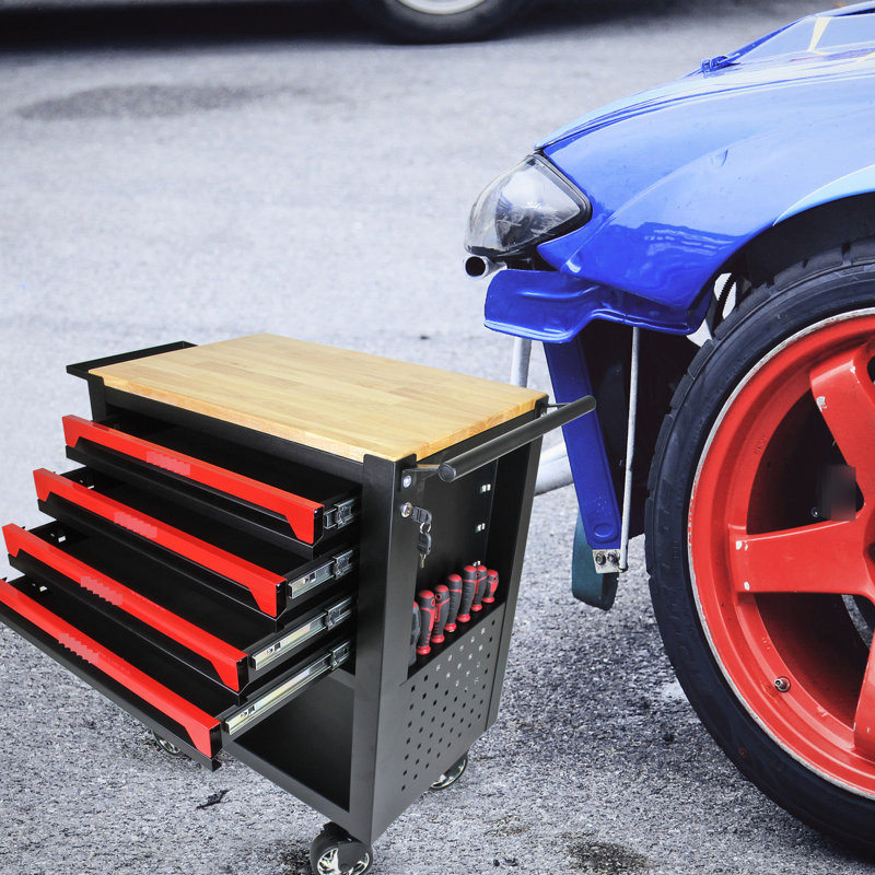 Chariot à outils en métal 4 tiroirs avec tablette et roulettes réglables - Option de rangement large pour garage