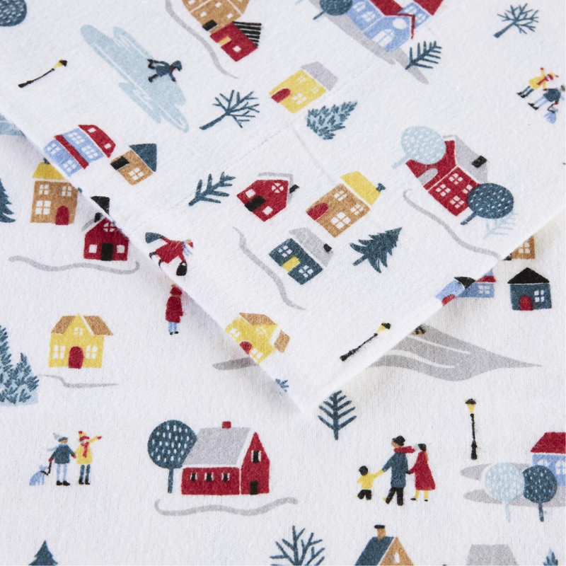 Twin Xl Printed Sheet With 100% Cotton Flannel, White Village Print, Comfortable And , Contains Flat Sheet, Fitted Pillowcase, Fits 12" Mattresses, Machine Washable 3 Pcs Cozy Handfeel, Includes 2