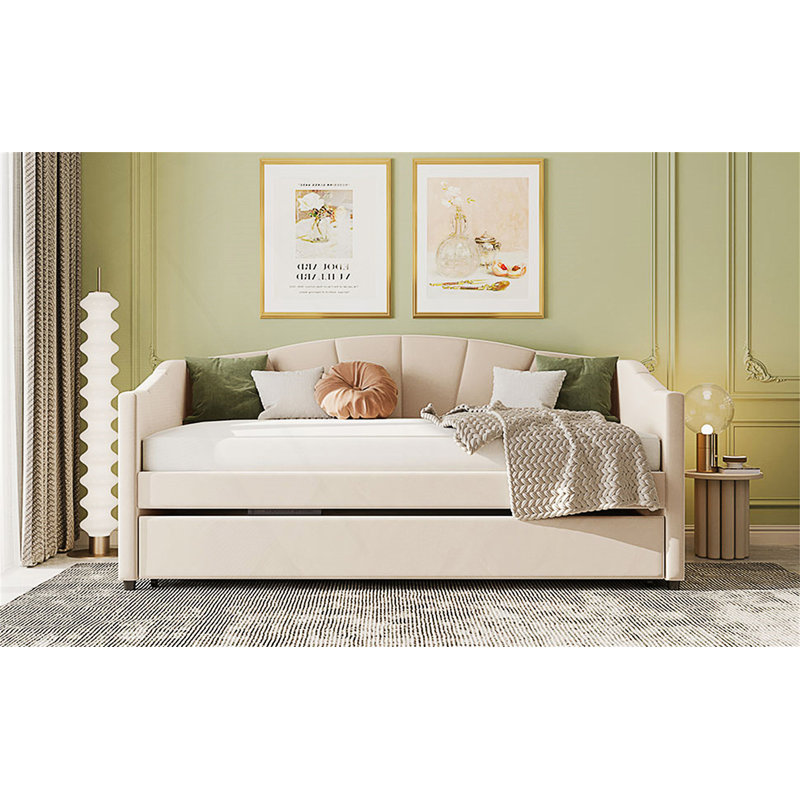 Lit de jour rembourré avec lit gigogne et lattes de bois pour un sommeil confortable et peu encombrant, Beige