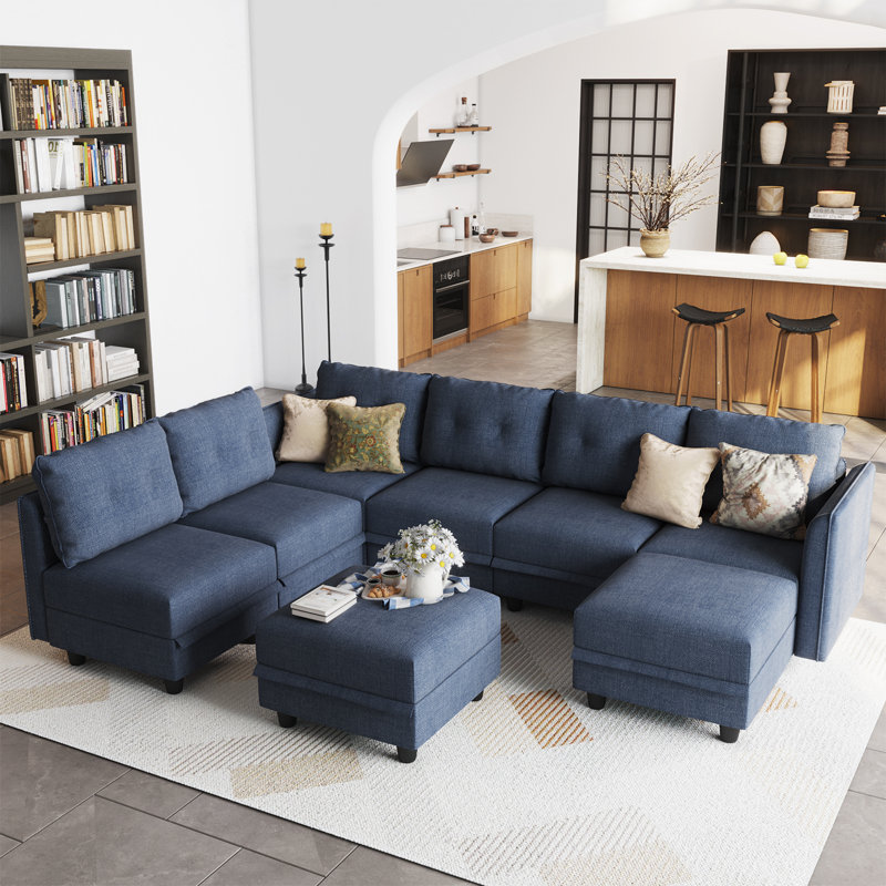 Canapé modulaire rembourré en L avec repose-pieds 8 pièces Tomario, Polyester bleu