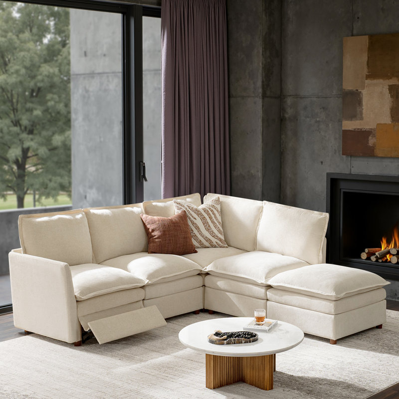 Cashin 97.5“ Modern Oversized Double-Layer Cushion Storage Sectional Sofa with Extendable Foot Pedal, Beige Polyester
