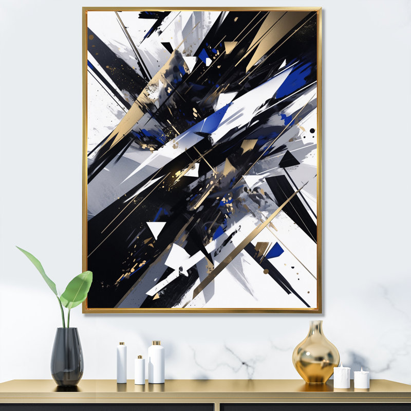 Symphonie cubiste noire sur blanc, H 32 po x l 24 po x P 1 po, Cadre flottant doré