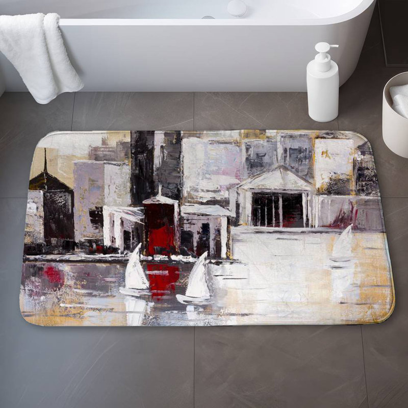 Three sailboats near the city Bath Mat with Non-Slip Backing - Quick Dry Memory Foam Bathroom Rug - Absorbent - Modern Plush Spa-Style - Machine Washable