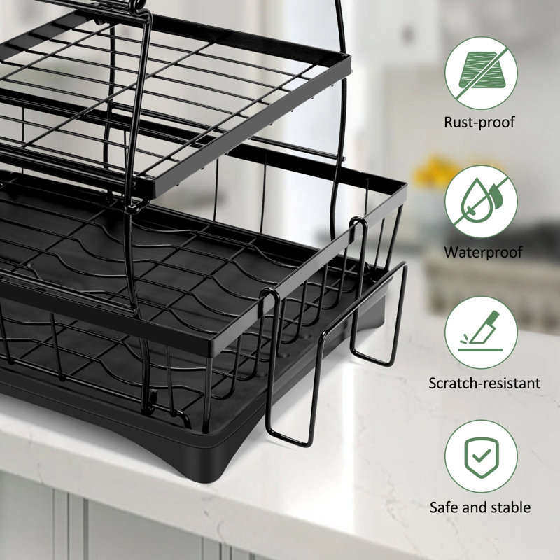 3-Tier Black Metal Dish Drying Rack with Utensil Cup