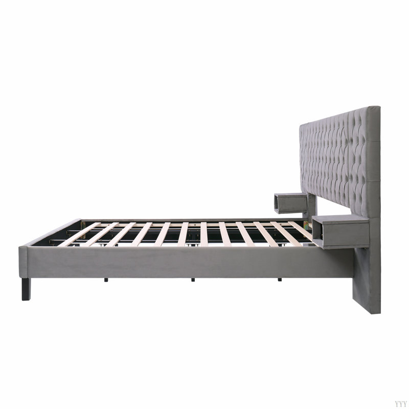  Lit plateforme avec tête de lit, lit plateforme tapissier moderne en velours avec 2 tables de chevet, Gris, Très grand lit
