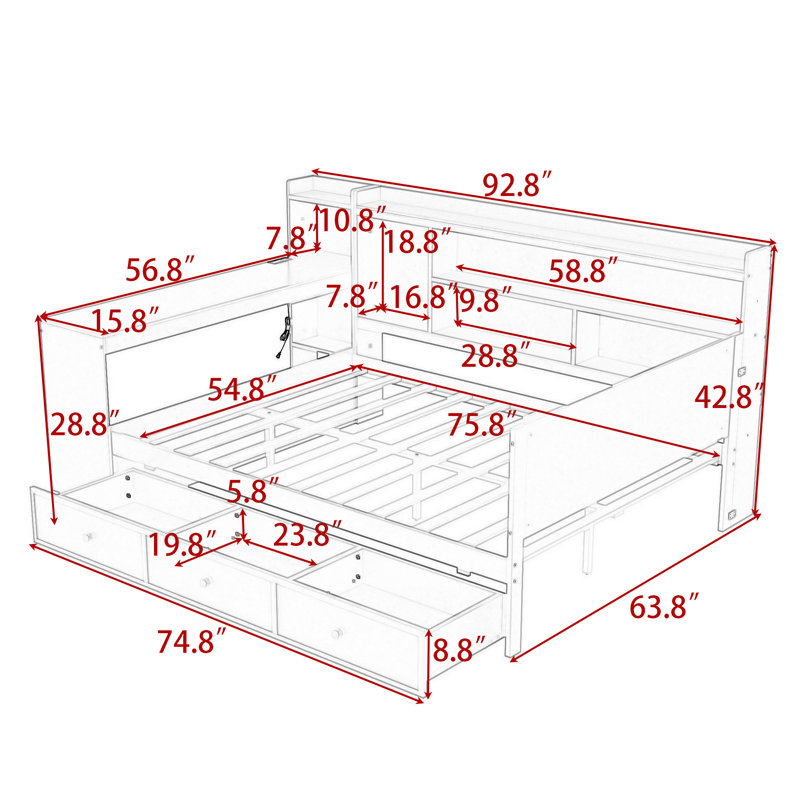 Assante Daybed with Integrated Desk and Built-in Storage Drawers, Full, Grey