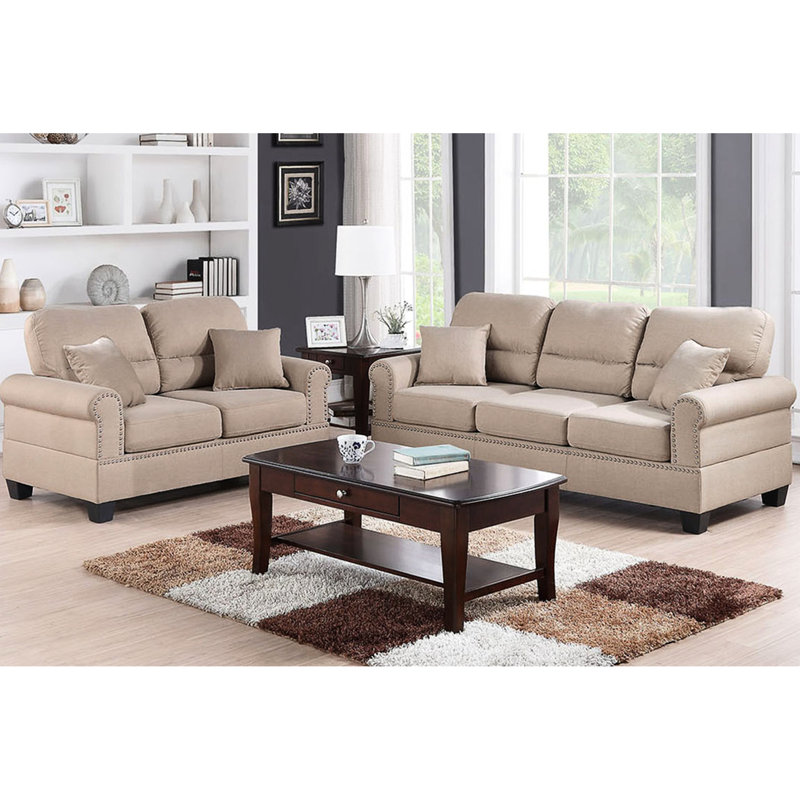 Élégante couleur sable de 2 pièces - siège et dossier doubles, coussins, similicuir, boutons en nickel pour un siège de détente moderne en polyfibre, détails en cuir, boutons finis, structure en bois massif