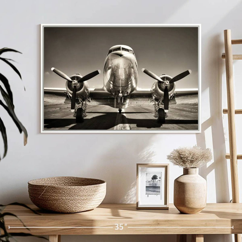 Avion rétro noir et blanc, Cadre flottant blanc, 25 po x 17 po