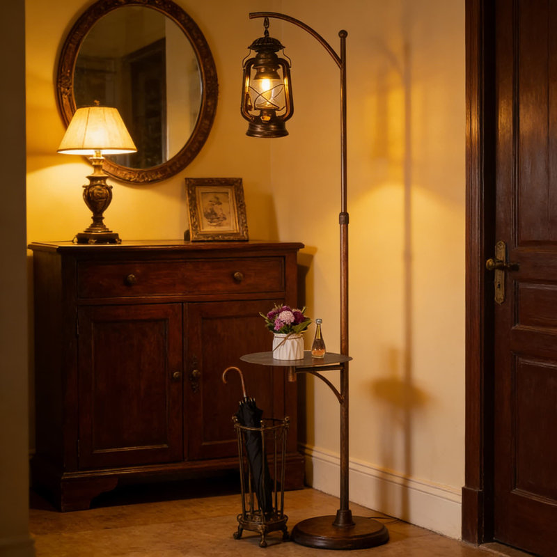 Lampe sur pied de ferme réglable avec lanterne à plateau, finition rustique brossée et interrupteur au pied pour le salon, la chambre à coucher, le bureau et la décoration intérieure